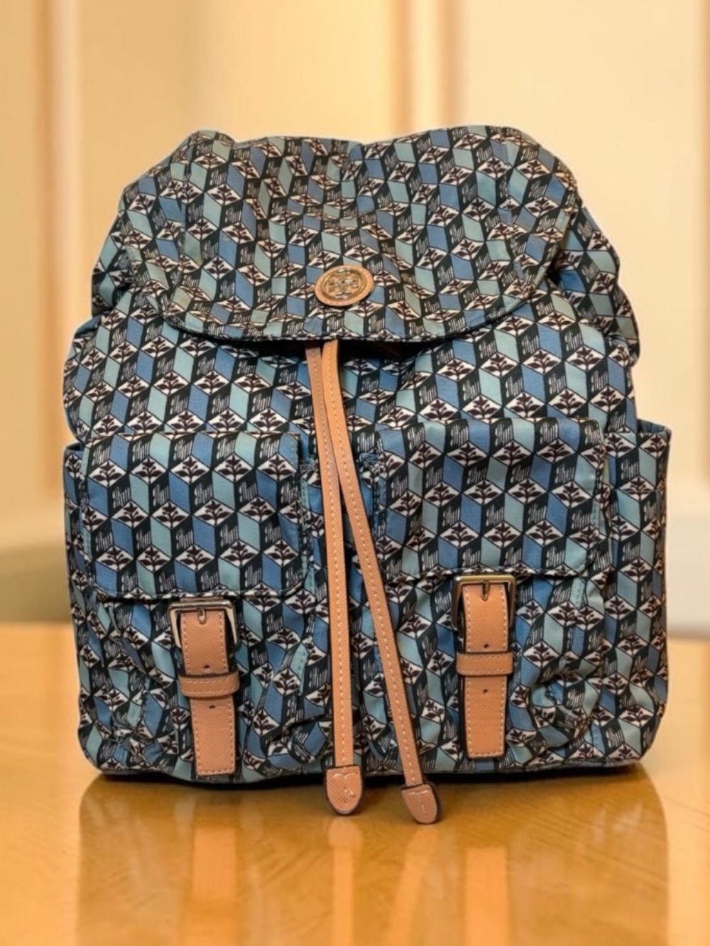 Tory Burch NWOT -Blue Printed Nylon Geometric Print Drawstring Backpack